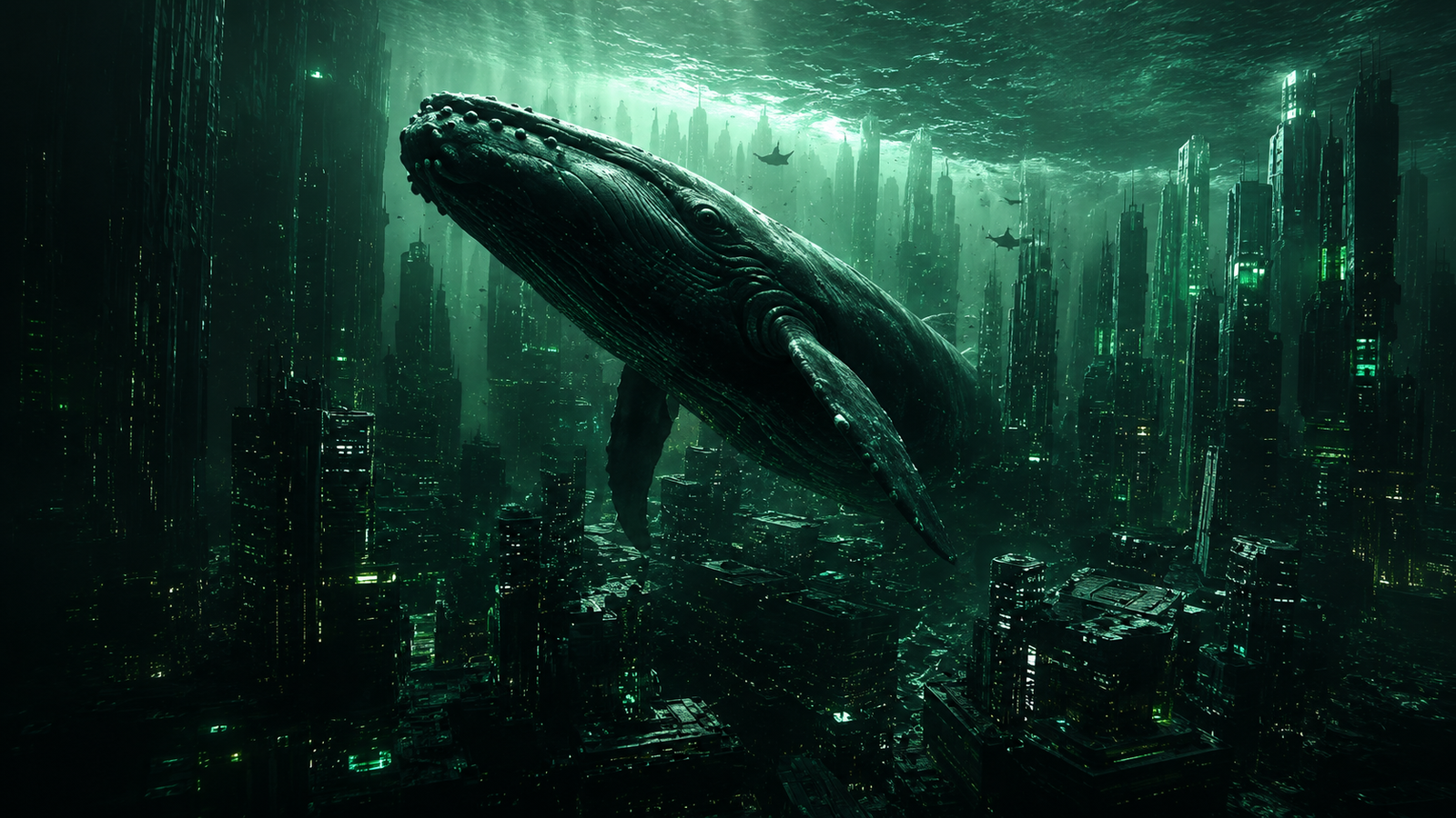 Leviara ecosystem — a whale gliding above a luminous submerged city